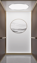 Home Elevator SKY11 Interior - HSC001 Moonlight White Round Ceiling with HSH009 Mountain Ink Art Back Wall and Bronze Handrail