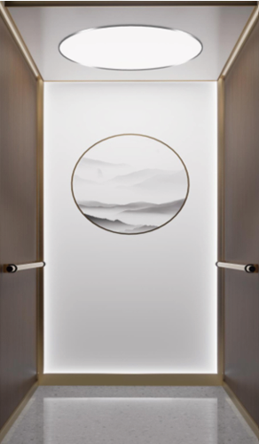 Home Elevator SKY11 Interior - HSC001 Moonlight White Round Ceiling with HSH009 Mountain Ink Art Back Wall and Bronze Handrail
