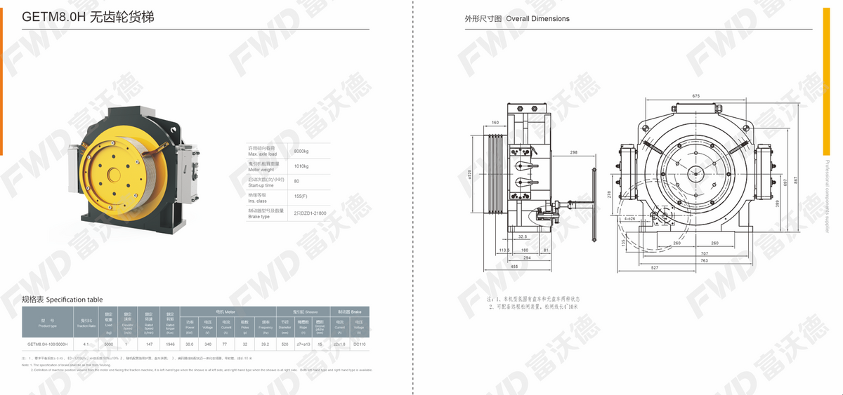 FWD GETM8.0H freight elevator gearless traction machine specifications