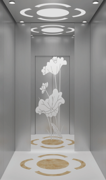 Home Elevator SKY01 interior view - hairline stainless steel with lotus mirror etching
