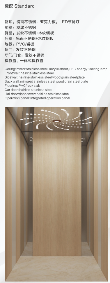 Home Elevator SKY02 Standard Interior - Mirror Stainless Steel Ceiling with LED Lighting
