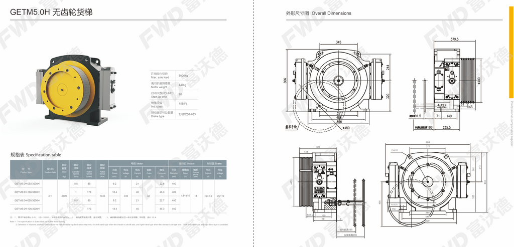 FWD GETM5.0H freight elevator gearless traction machine specifications