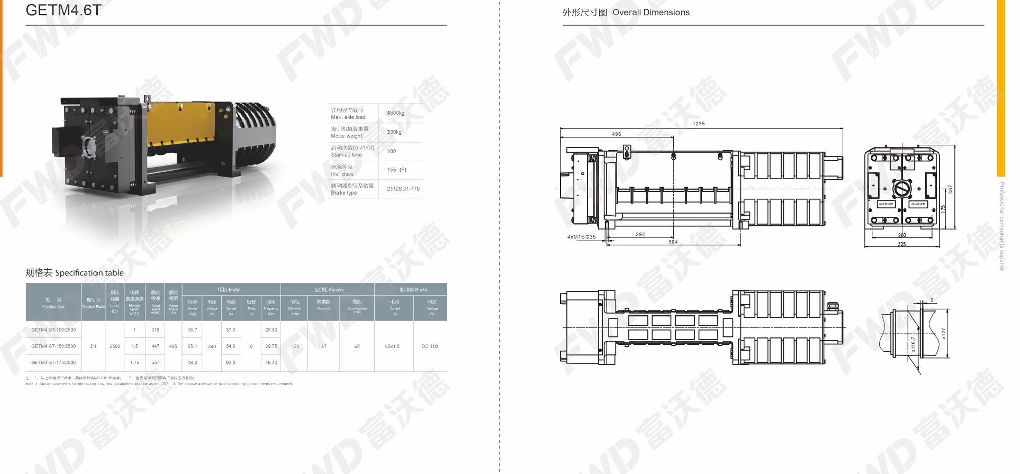 FWD GETM4.6T steel belt gearless traction machine specifications