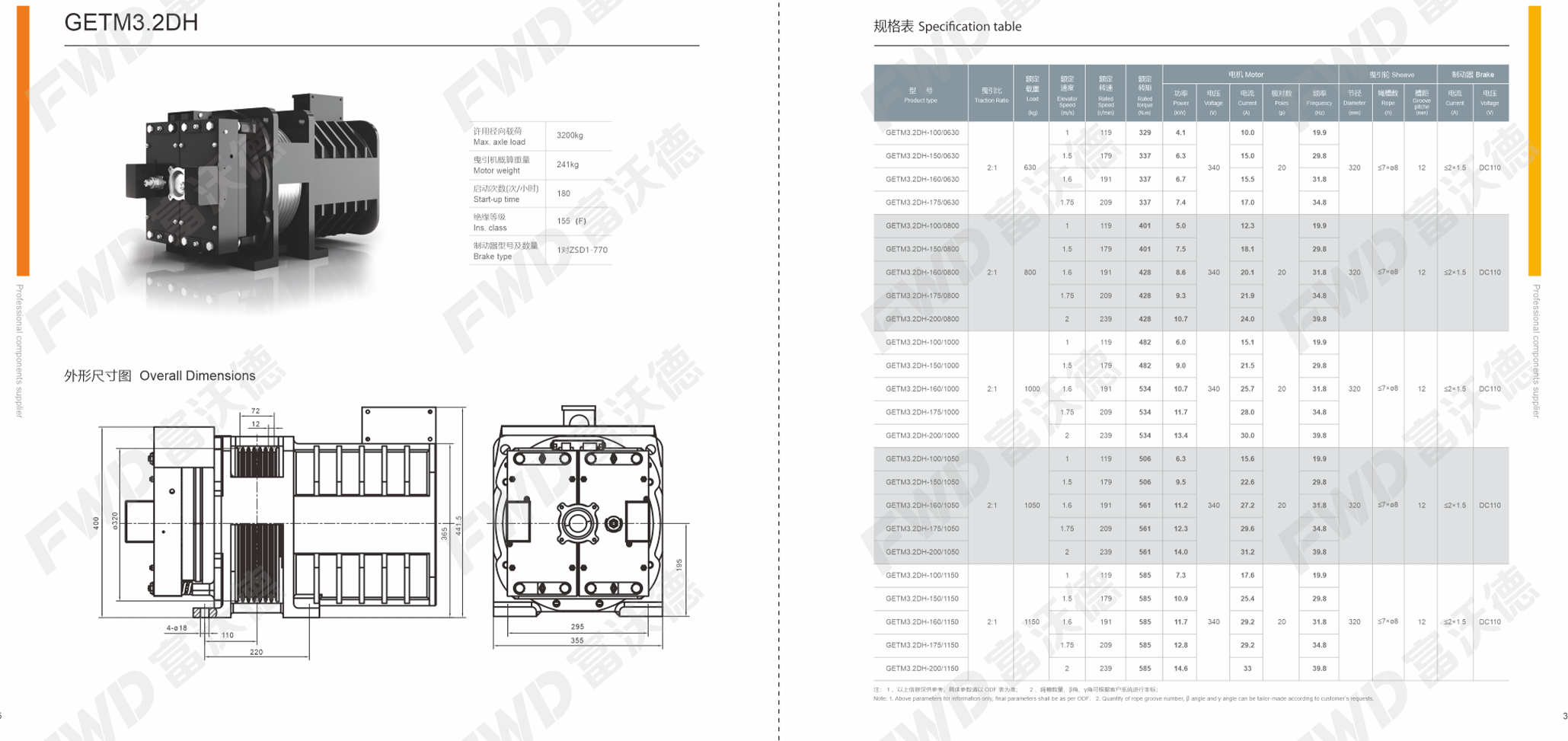 FWD GETM3.2DH flat gearless traction machine specifications