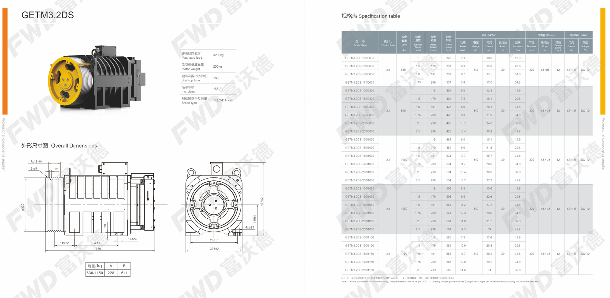 FWD GETM3.2DS flat gearless traction machine specifications