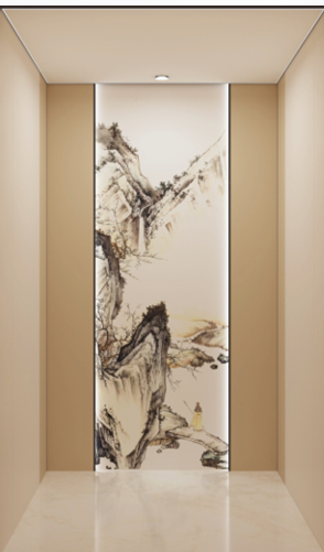 Home Elevator SKY06 Interior - Silk Cloth Pattern with Tingquan Chinese Landscape Art Back Wall
