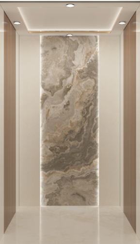 Home Elevator SKY05 Interior - Milky White Leather Pattern with Ink Stone Art Back Wall