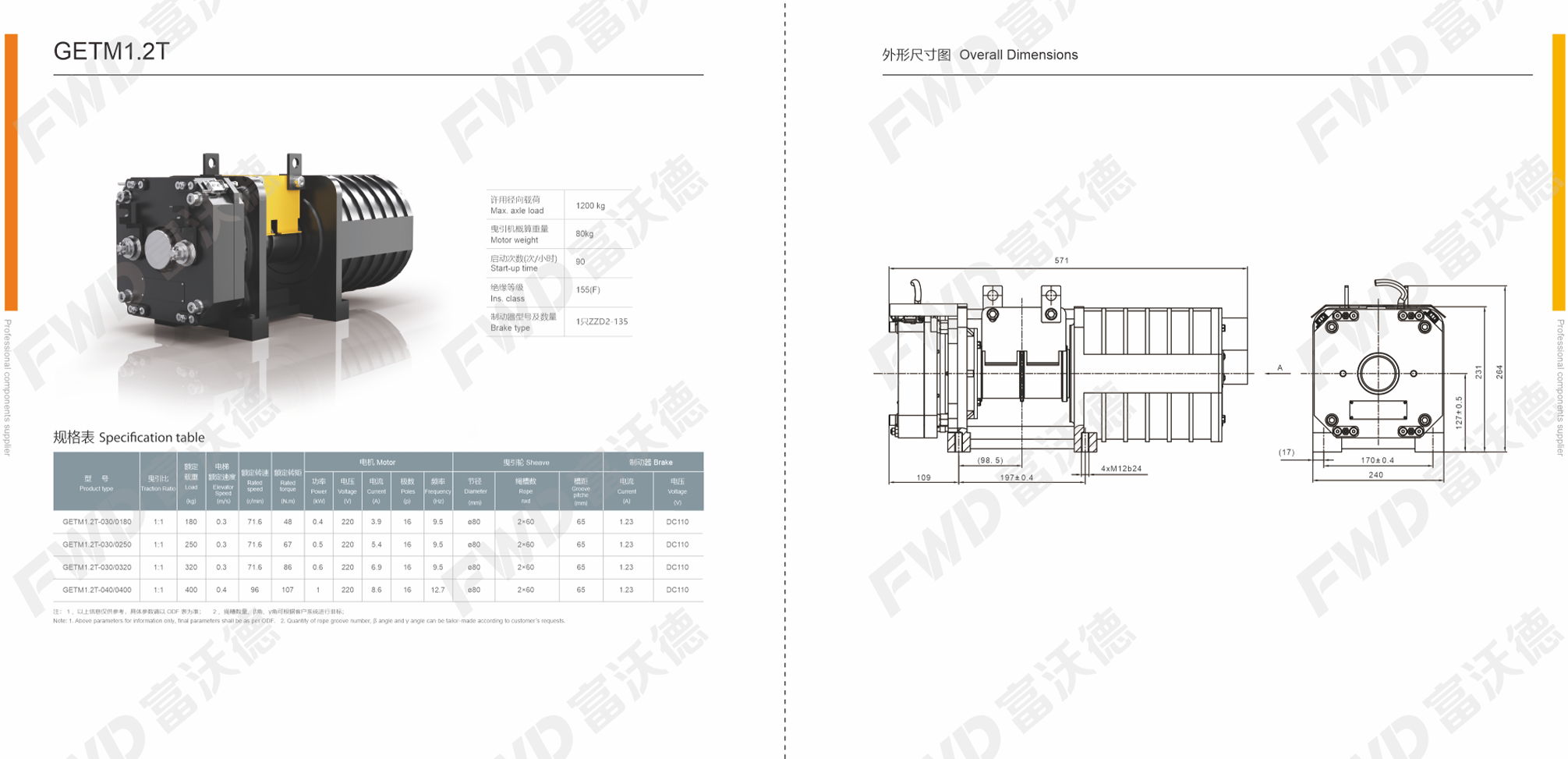 FWD GETM1.5T3 villa elevator traction machine specifications