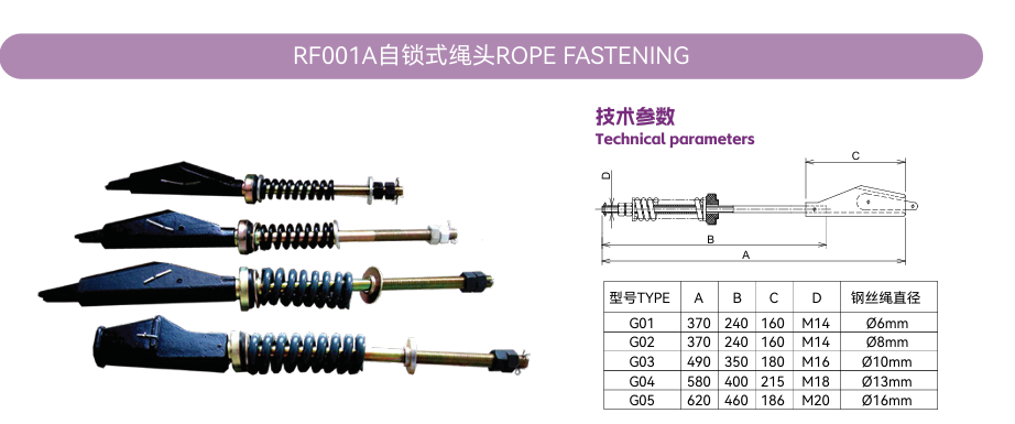 RF001A Self-Locking Rope Fastening technical parameters and dimensions