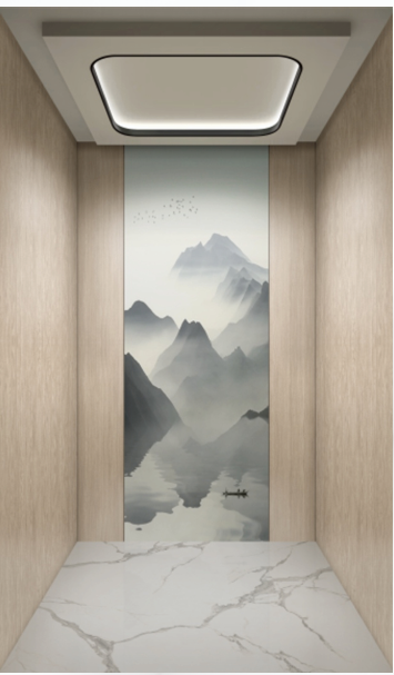Home Elevator SKY03 Interior - Chinese Landscape Painting Back Wall with Teak Wood Grain Panels